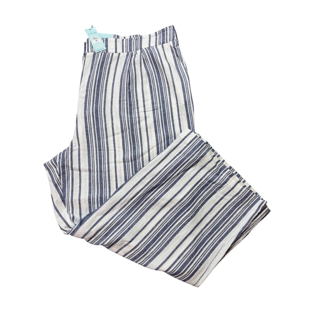 Blue Sol Striped Pants Womens 3X White Blue NEW Linen Blend Wide Leg Cropped NWT